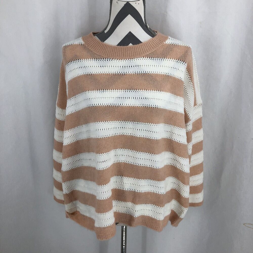 Frnch Paris White Light Pink Striped Boxy Pullover Sweater MS20-18 Medium Large